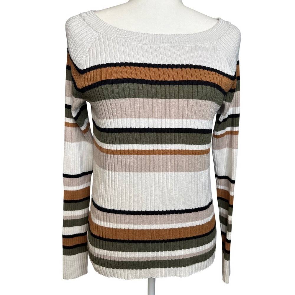 EXPRESS Women's Striped Ribbed Boat Neck Long Sleeve Sweater Top L Casual Career - Picture 2 of 10